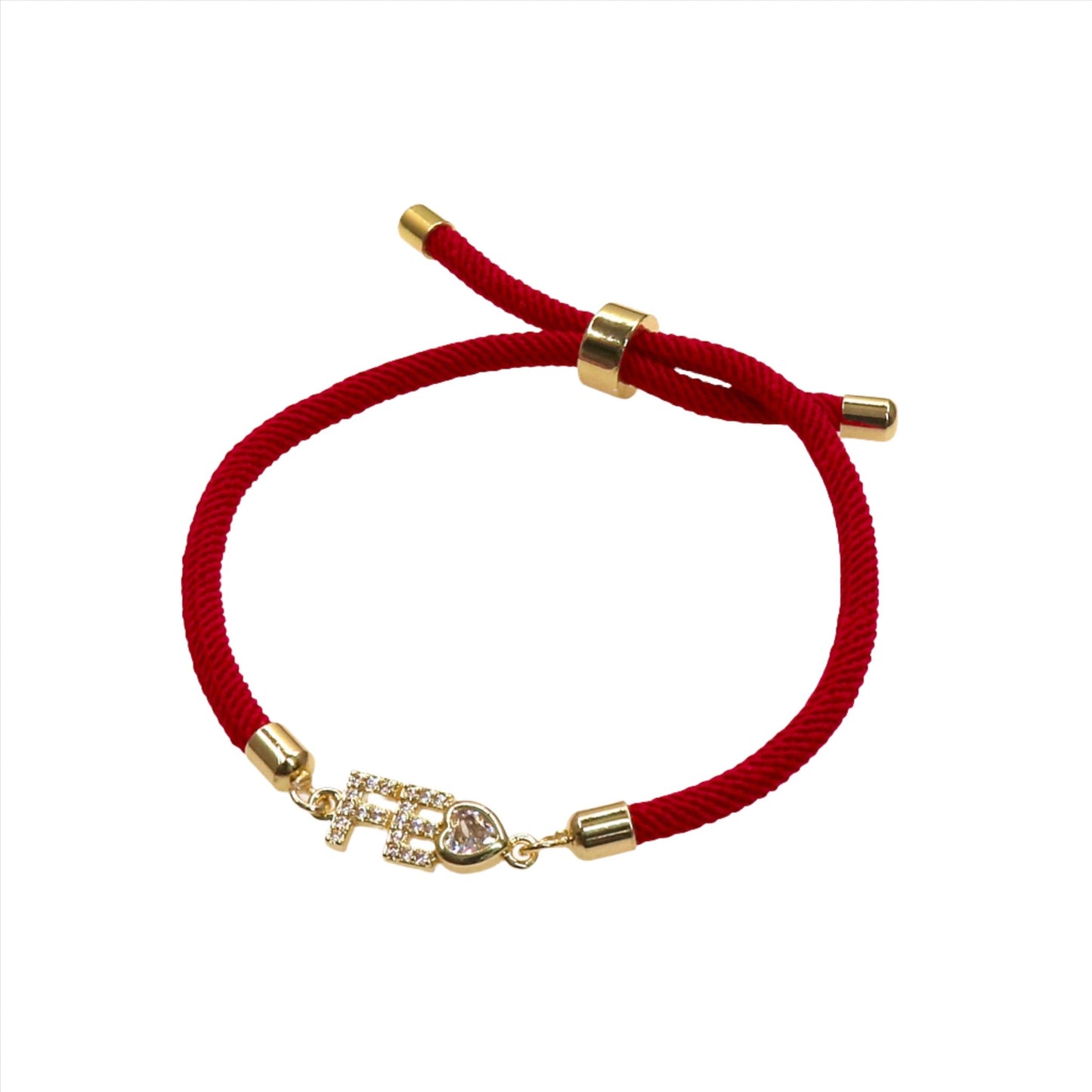 Red thread slider bracelet with gold adjustable clasp and San Benito Dios Fe charm