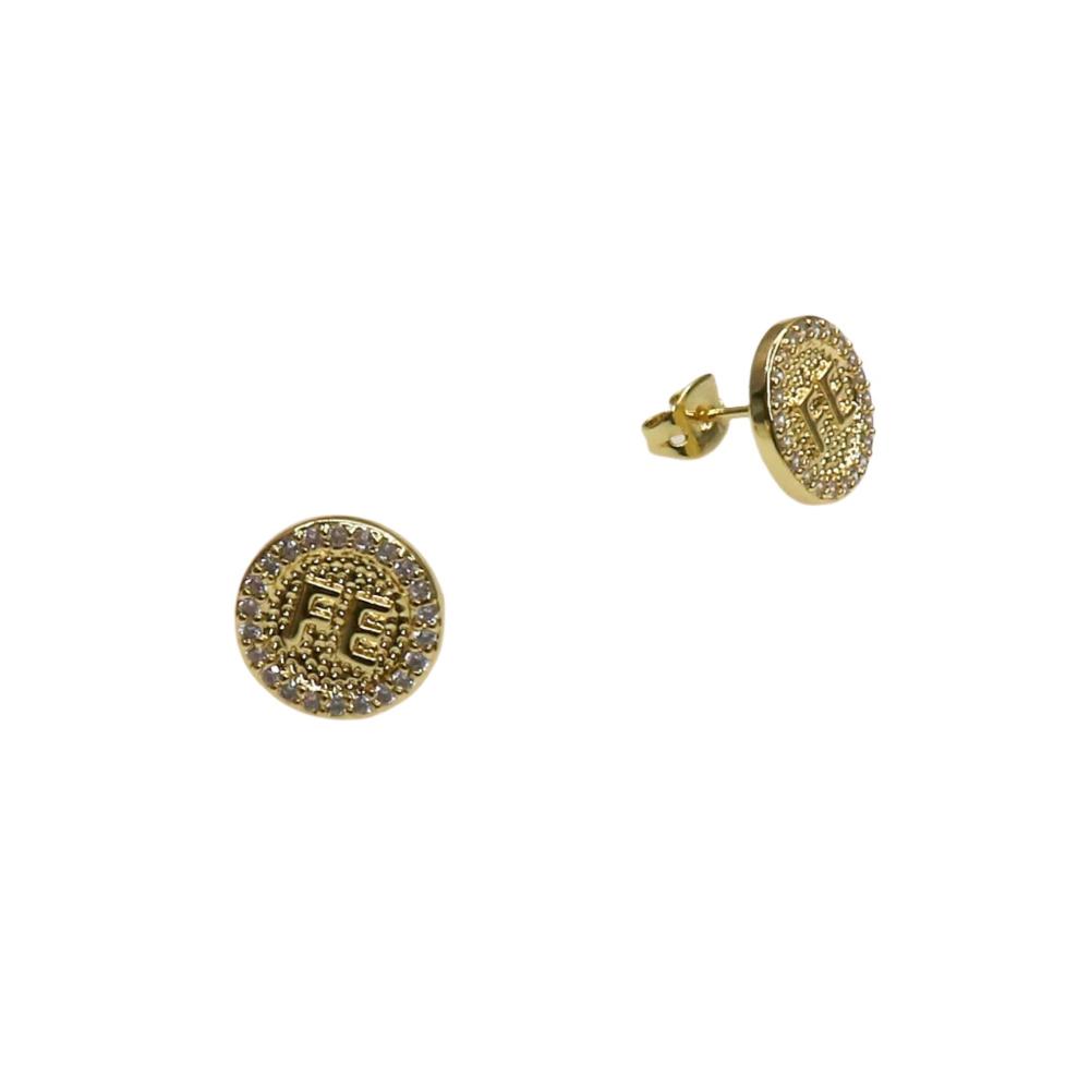 Gold filled FE EARRING stud with intricate textured design and sparkling accents