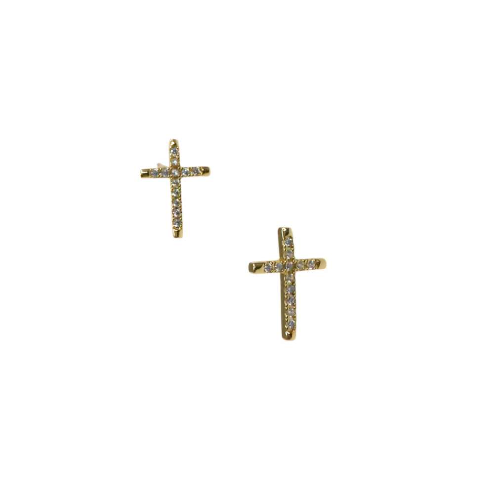 Mini gold cross-shaped stud earrings encrusted with sparkling pave stones