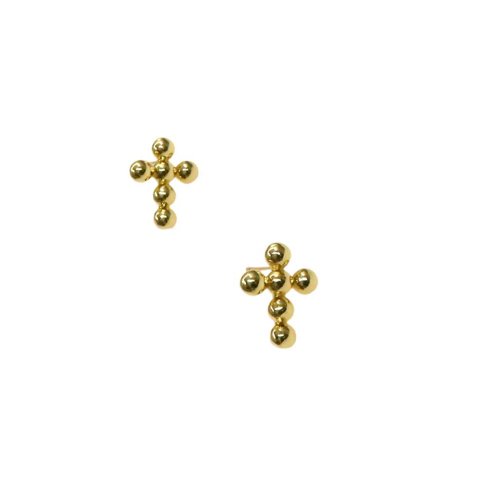 Mini bead cross gold stud earrings with polished finish