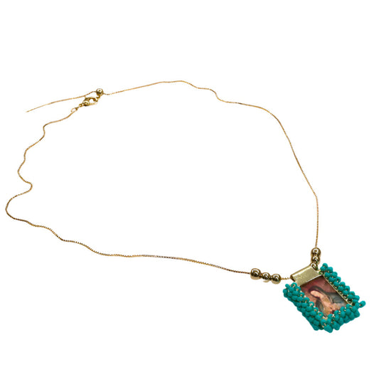 Gold escapulario chain necklace with turquoise beaded religious pendant