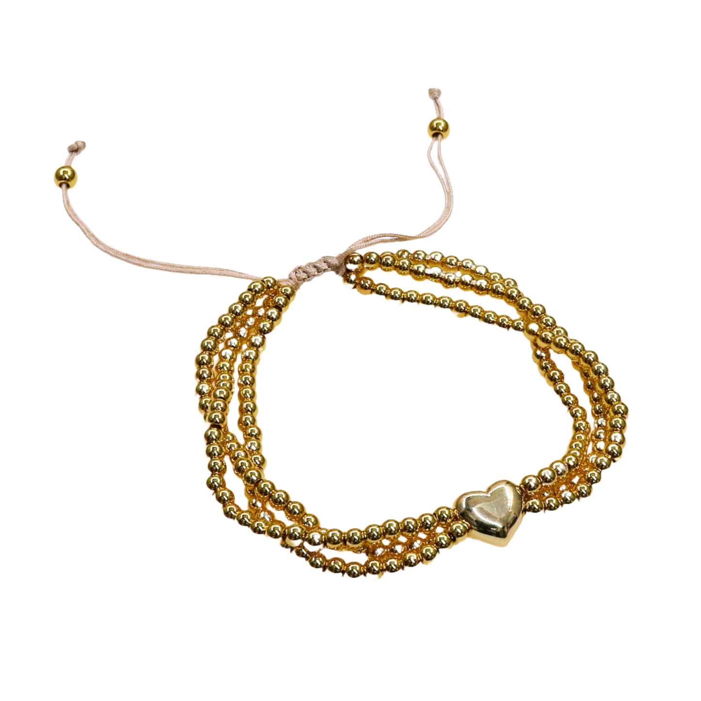 Gold and silver BEADS 3 LINE LOVE BRACELETt with heart charm and adjustable string closure