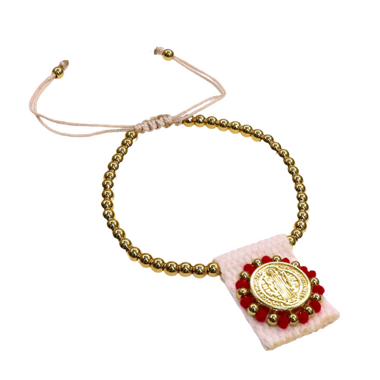 SAN BENITO bracelet with gold beads and red-accented charm on adjustable pink cord