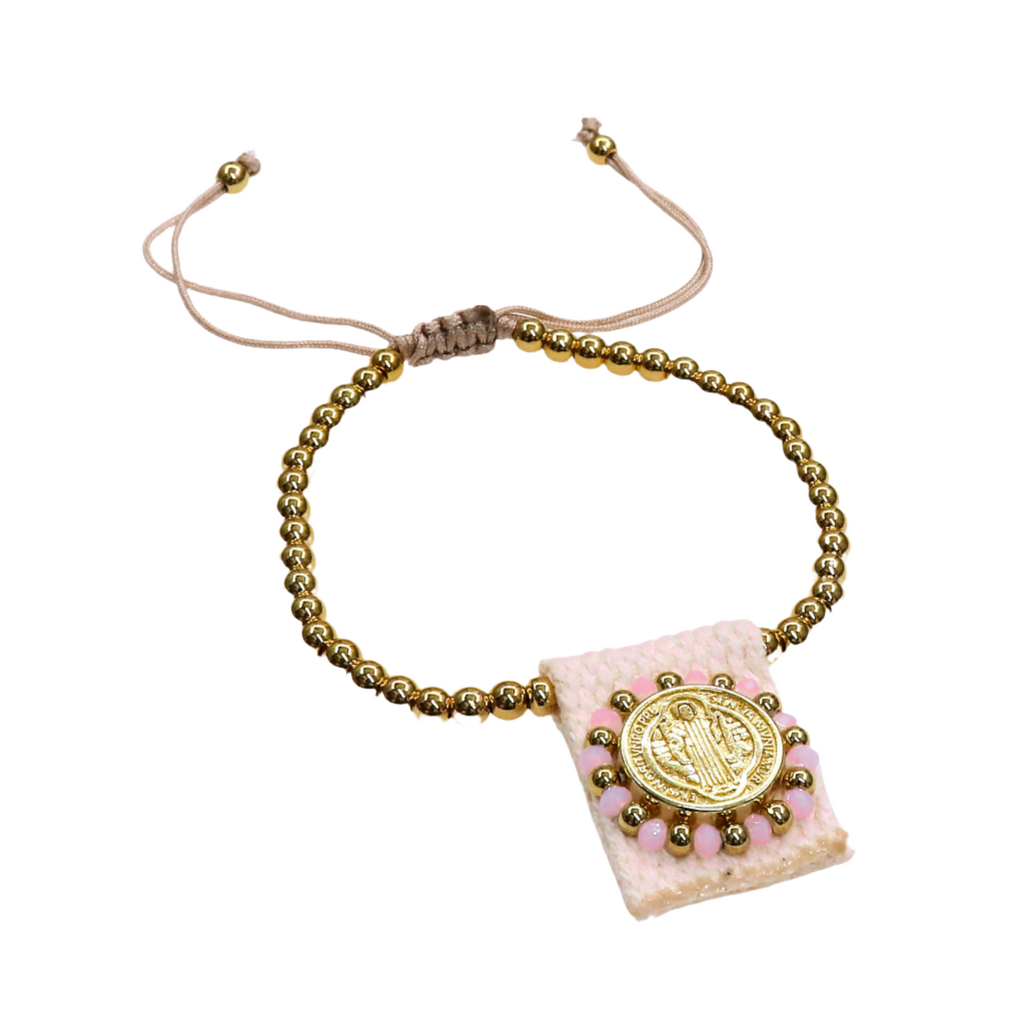 Gold bead slider bracelet with San Benito charm on light pink fabric patch