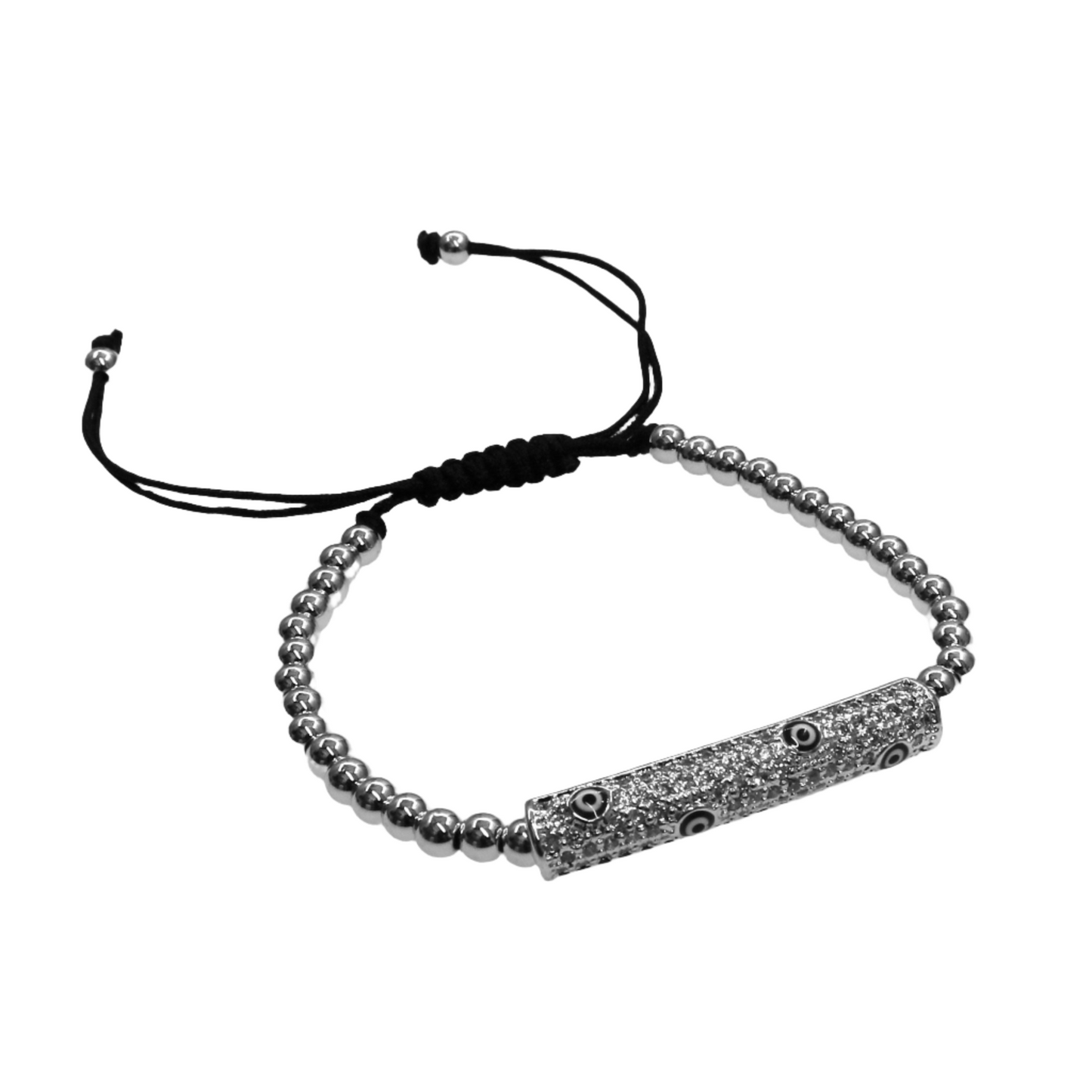 Gold and silver SHINE STIK EYE slider bracelet with adjustable black cord and sparkling bar detail