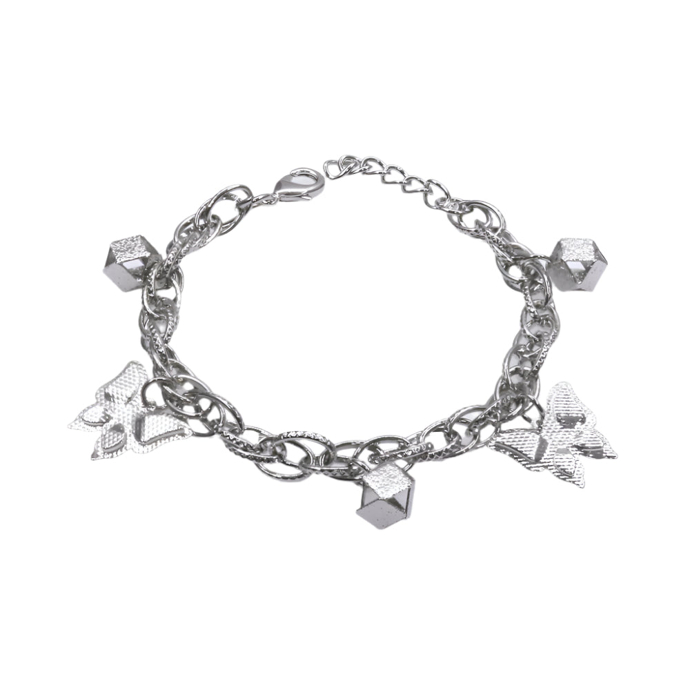 Rhodium plated charms bracelet with various geometric and textured charms on a chain link design.