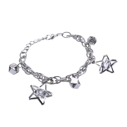 Rhodium plated charm bracelet with star and geometric pendants, scratch-resistant and elegant design.