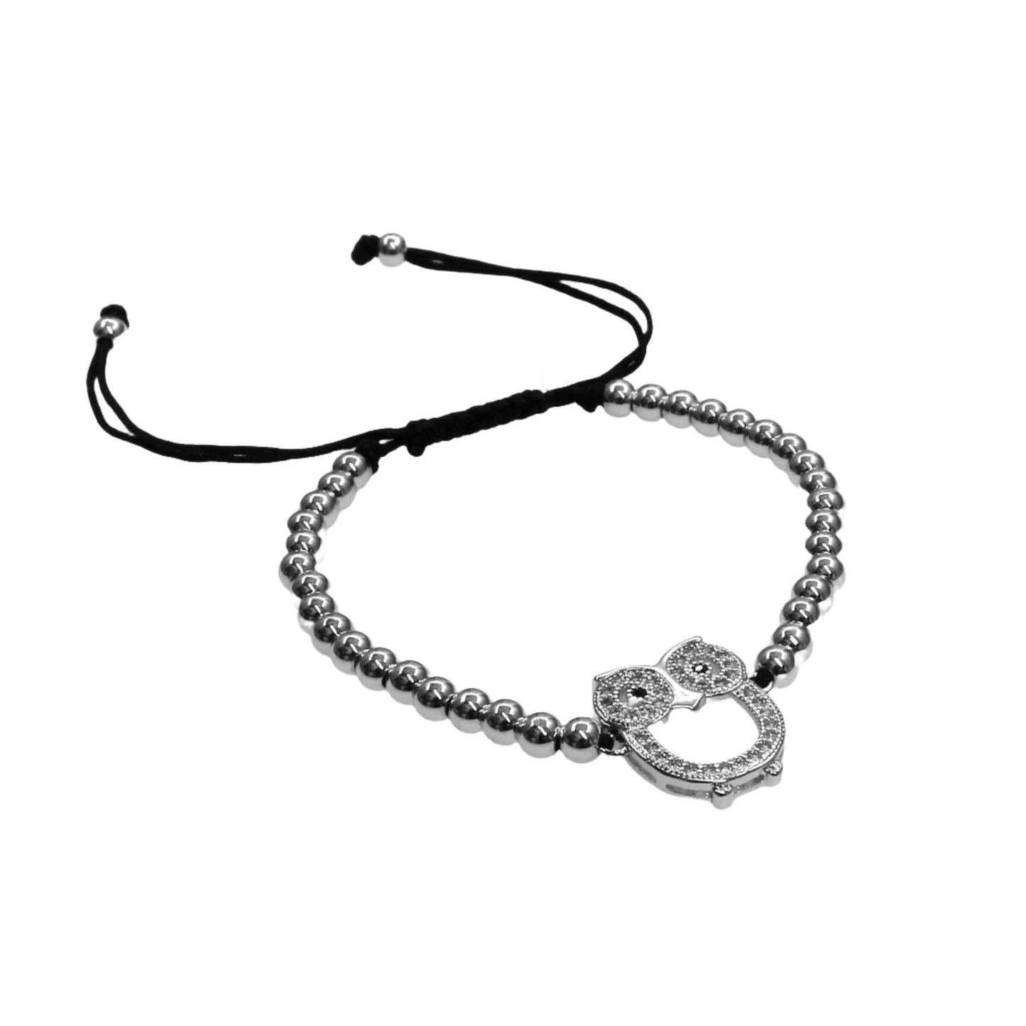 Silver owl slider bead charm bracelet with adjustable black cord and metallic beads