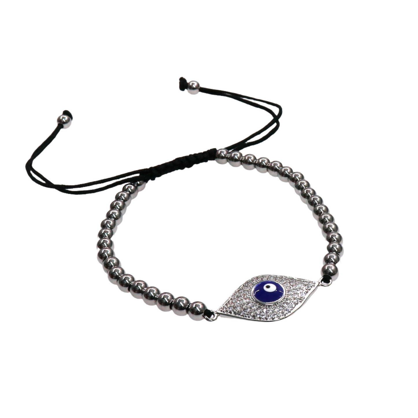 Original Turkish Eye slider bead bracelet with adjustable black cord and silver beads for protection and good luck