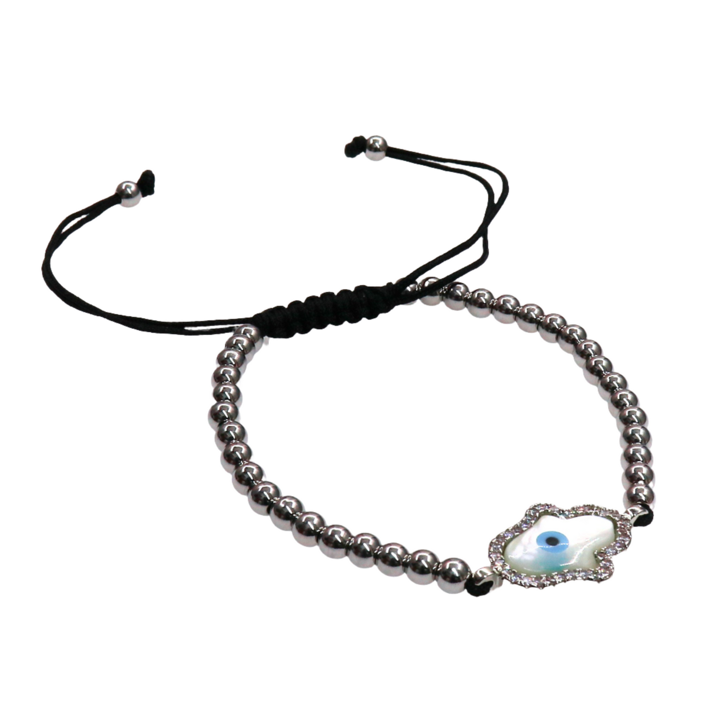 HAMSA bracelet with silver slider beads and a gold and silver Hamsa hand charm featuring an eye design on a black adjustable cord