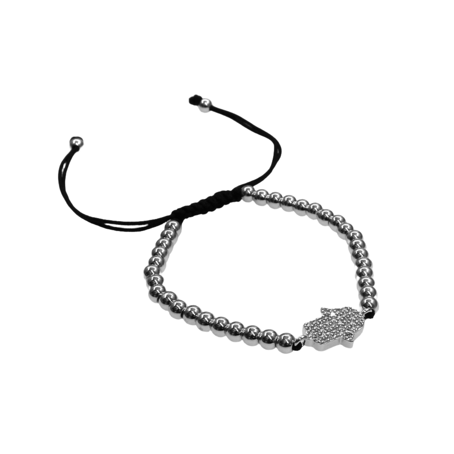 Silver bead slider bracelet with pave Hamsa charm and black adjustable cord