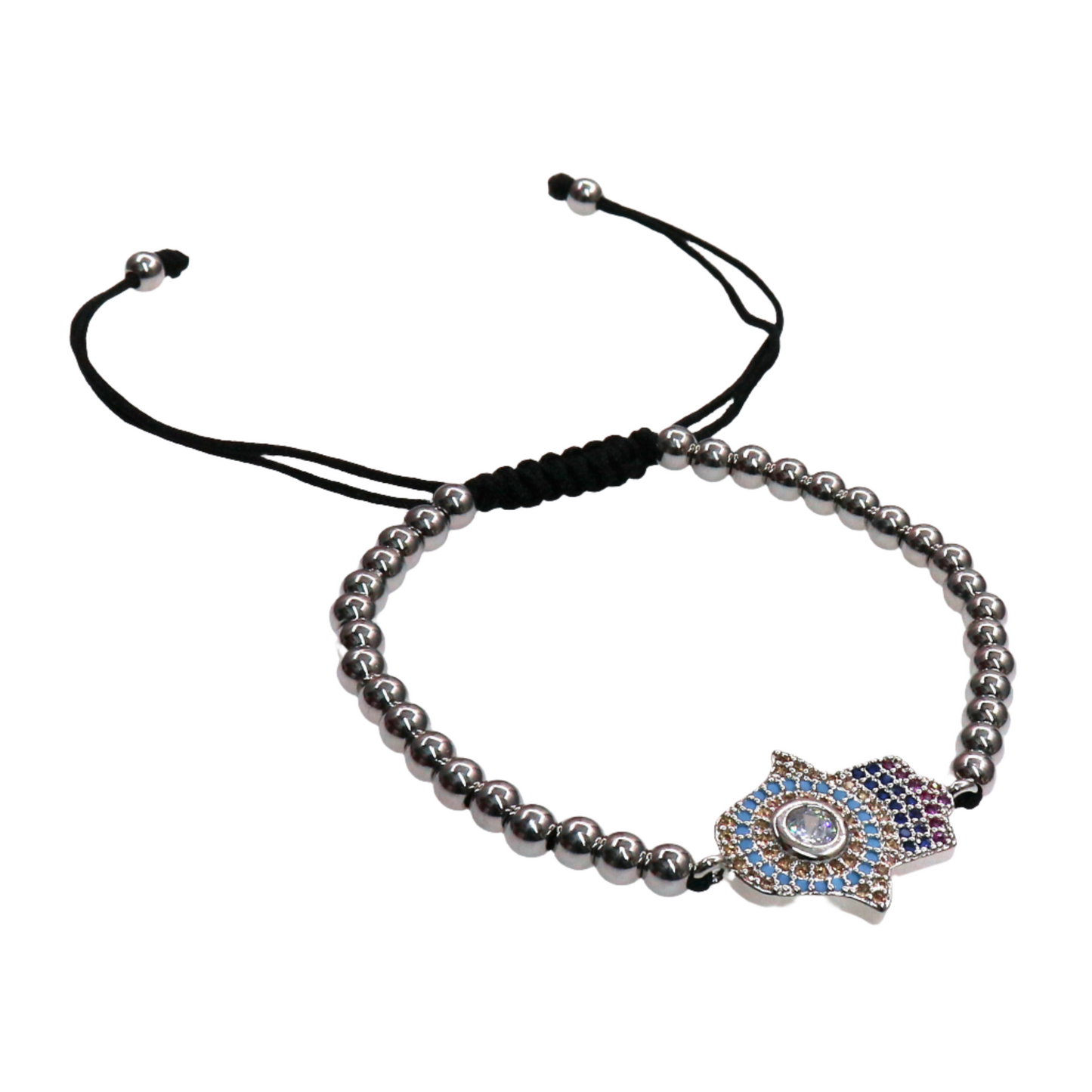 Adjustable Rainbow Hamsa bracelet with multicolored beads and silver slider charm on black cord