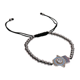 Adjustable Rainbow Hamsa bracelet with multicolored beads and silver slider charm on black cord