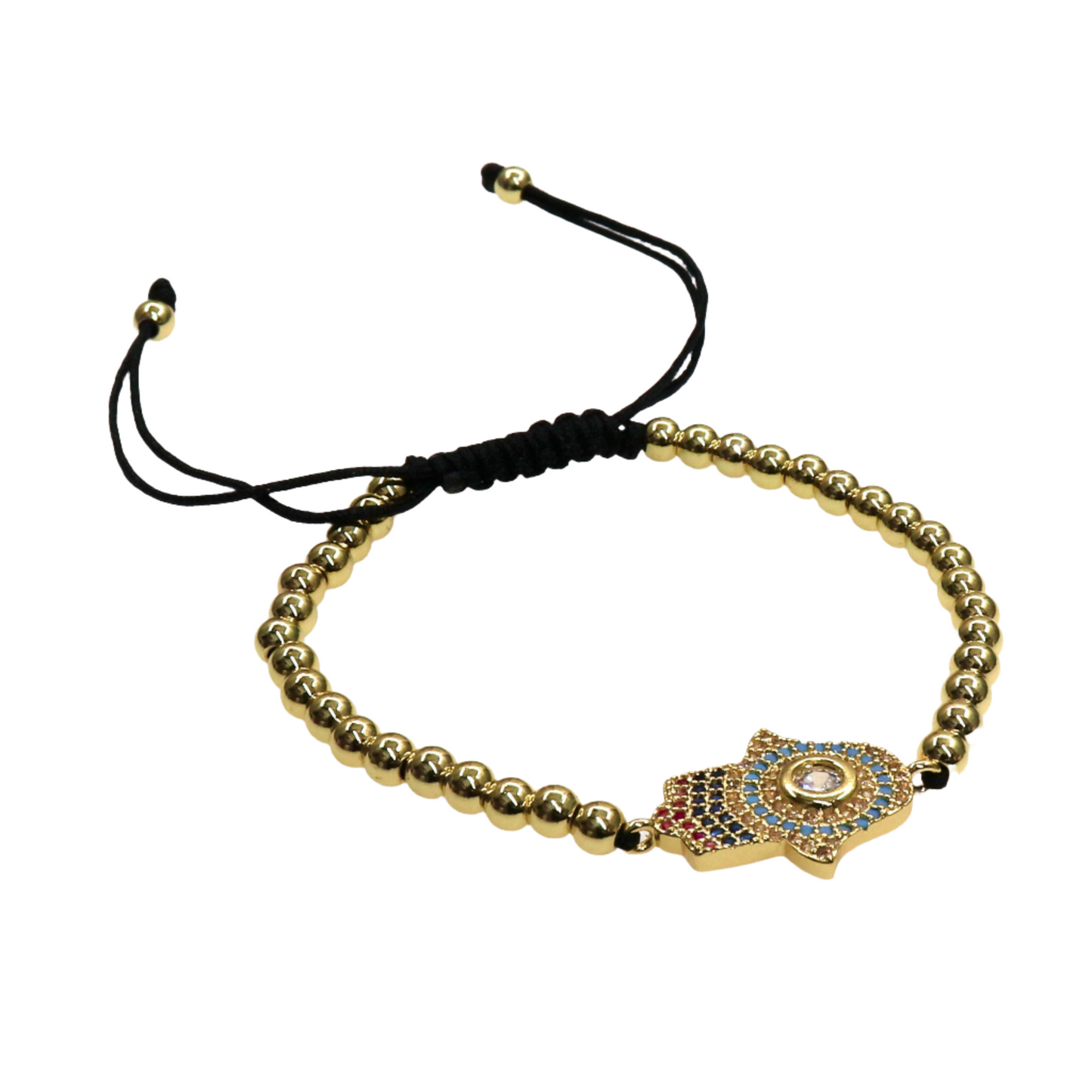 Rainbow Hamsa bracelet with gold beads and multicolored slider bead charm on black adjustable cord