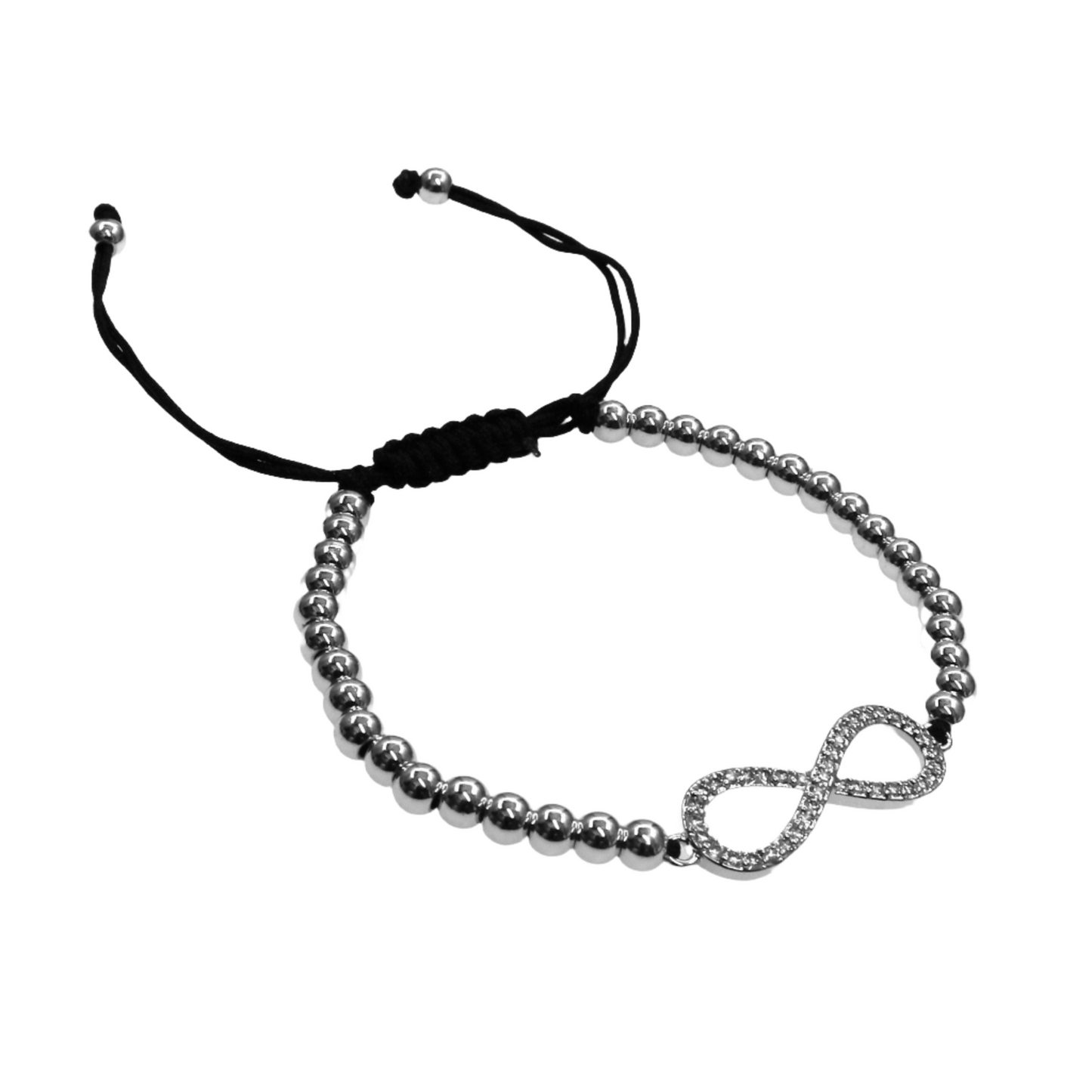 Silver beaded bracelet with adjustable black cord and infinity symbol charm with crystals
