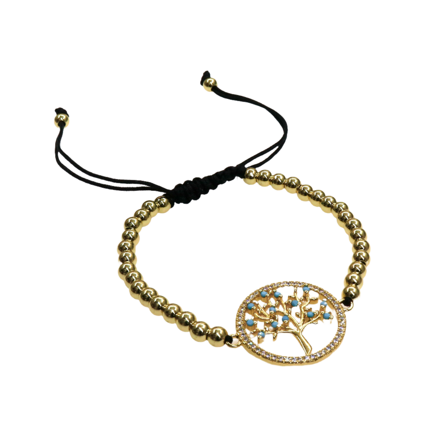 Gold TREE OF LIFE slider bead bracelet with adjustable black cord and blue accents