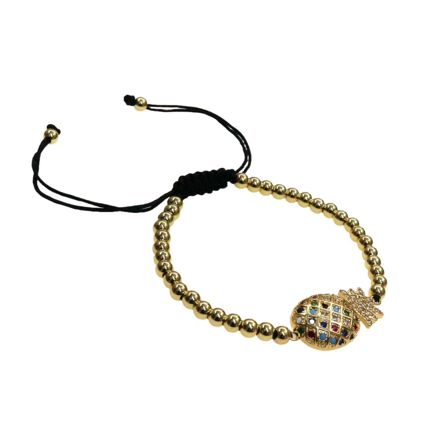 Gold slider bead bracelet with colorful pineapple charm and black adjustable cord