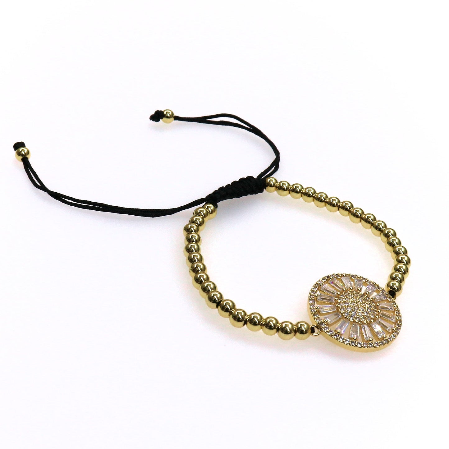 CIRCLE STONES slider bead bracelet with sparkling pave crystal circle charm and black adjustable cord