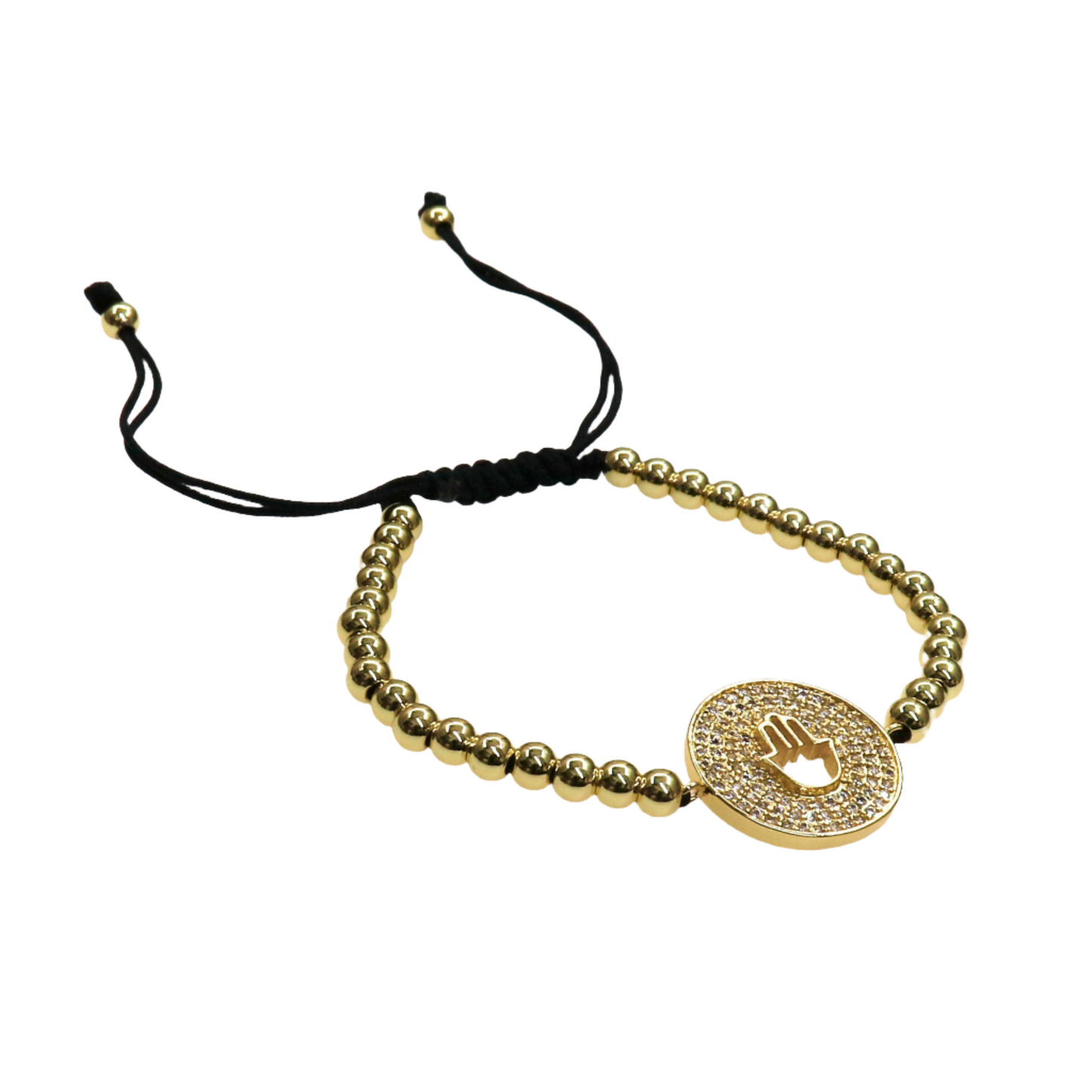 Gold beaded slider bracelet with circular pave charm and hand design on black adjustable cord