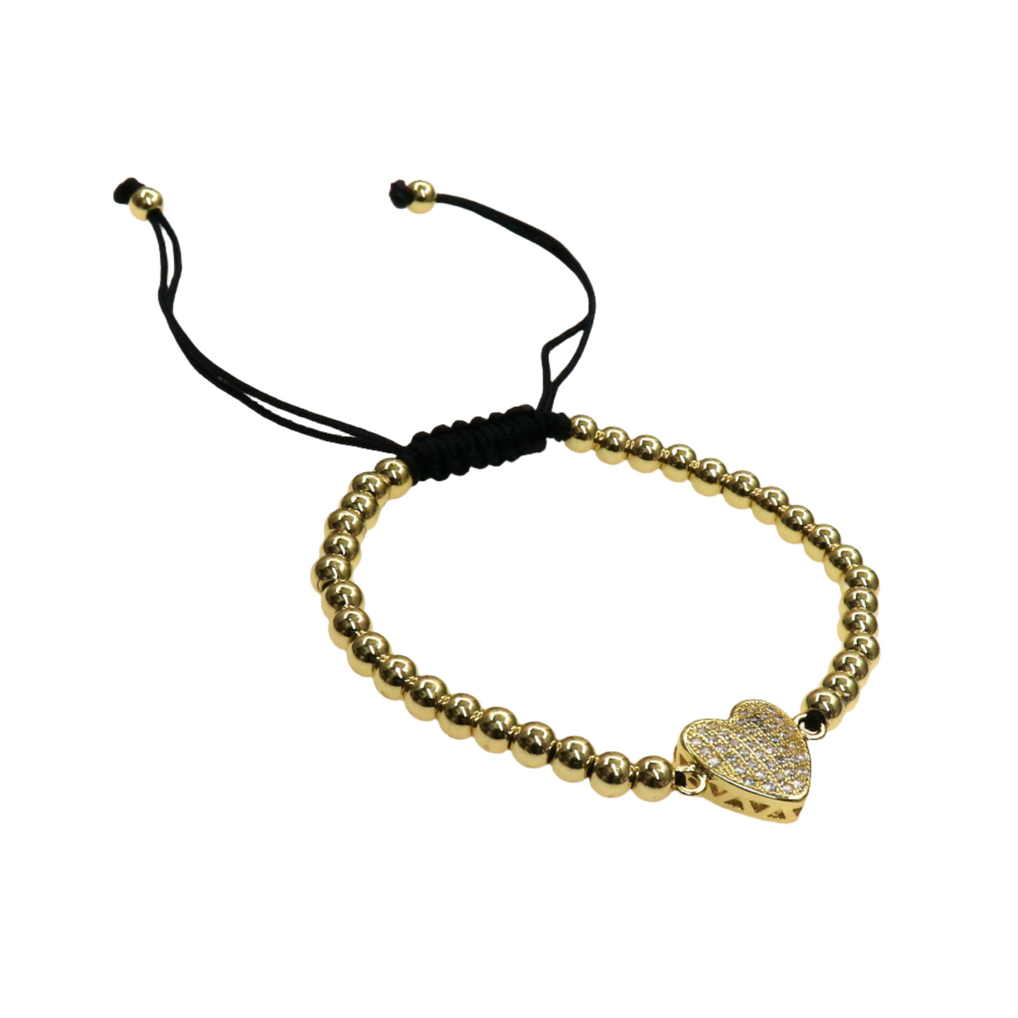Gold slider bracelet with PAVE HEARTt charm and adjustable black cord