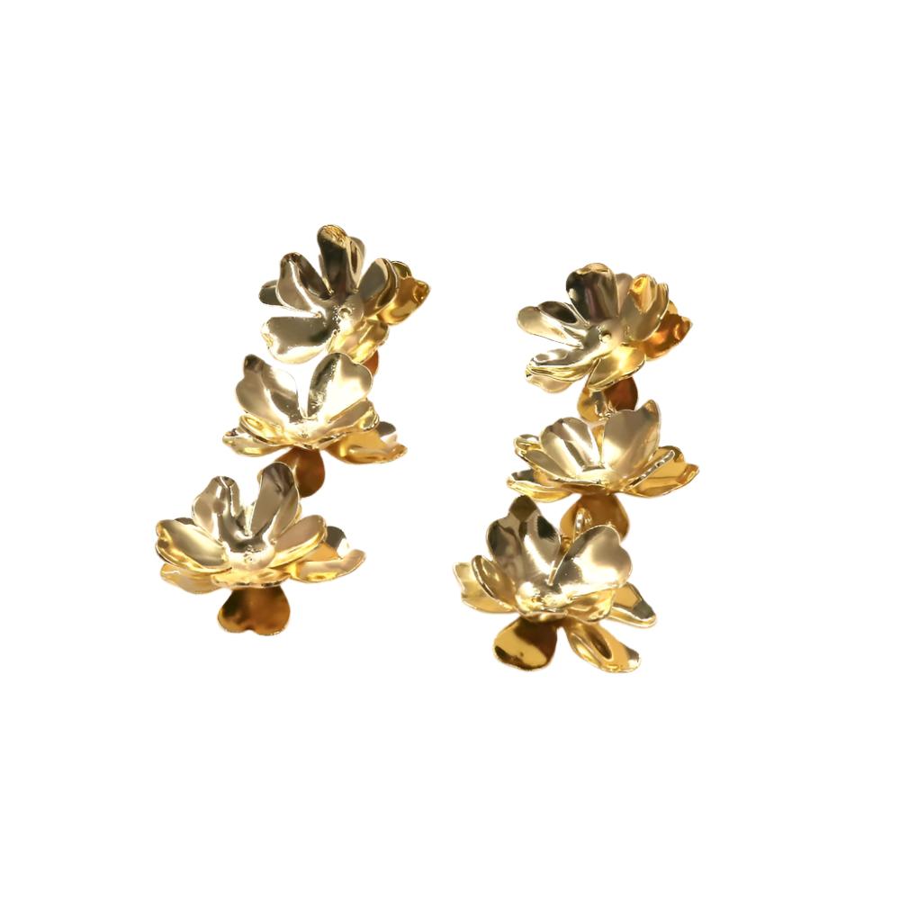 Gold tree flower long earrings with intricate layered petal design