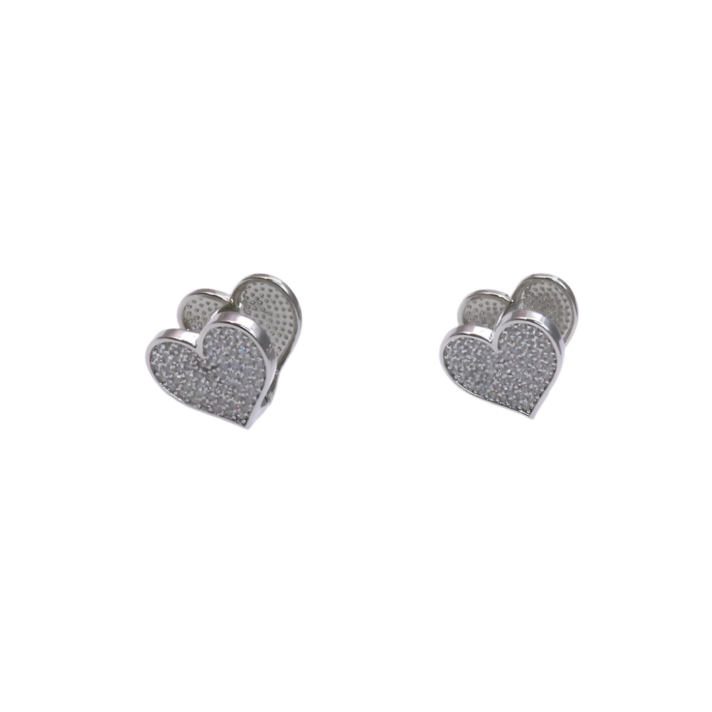 Silver heart-shaped pave crystal huggie earrings with elegant sparkle and detailed craftsmanship