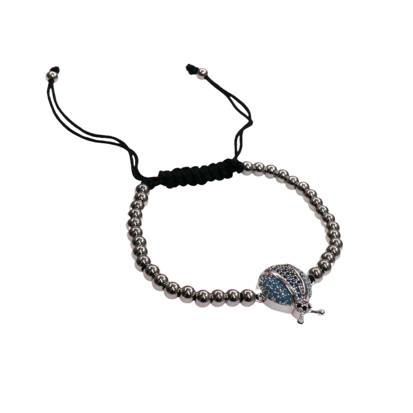 Adjustable LADYBUG bracelet with silver and gold toned beads and a ladybug slider charm on a black cord.