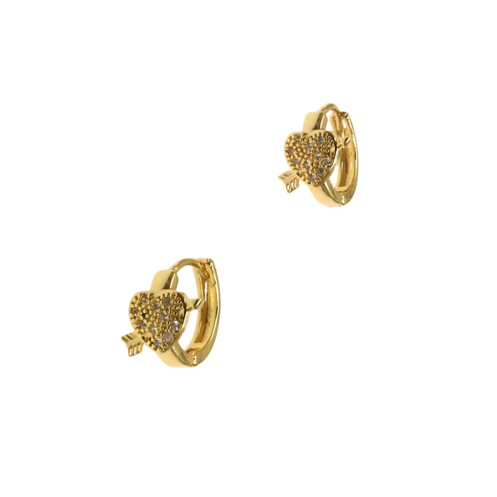 Gold arrow and heart design huggie earrings with intricate detailing