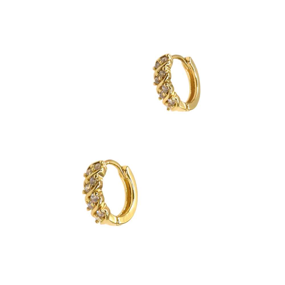 Gold crystal huggie earrings with sparkling crystals and hinged design for secure fit