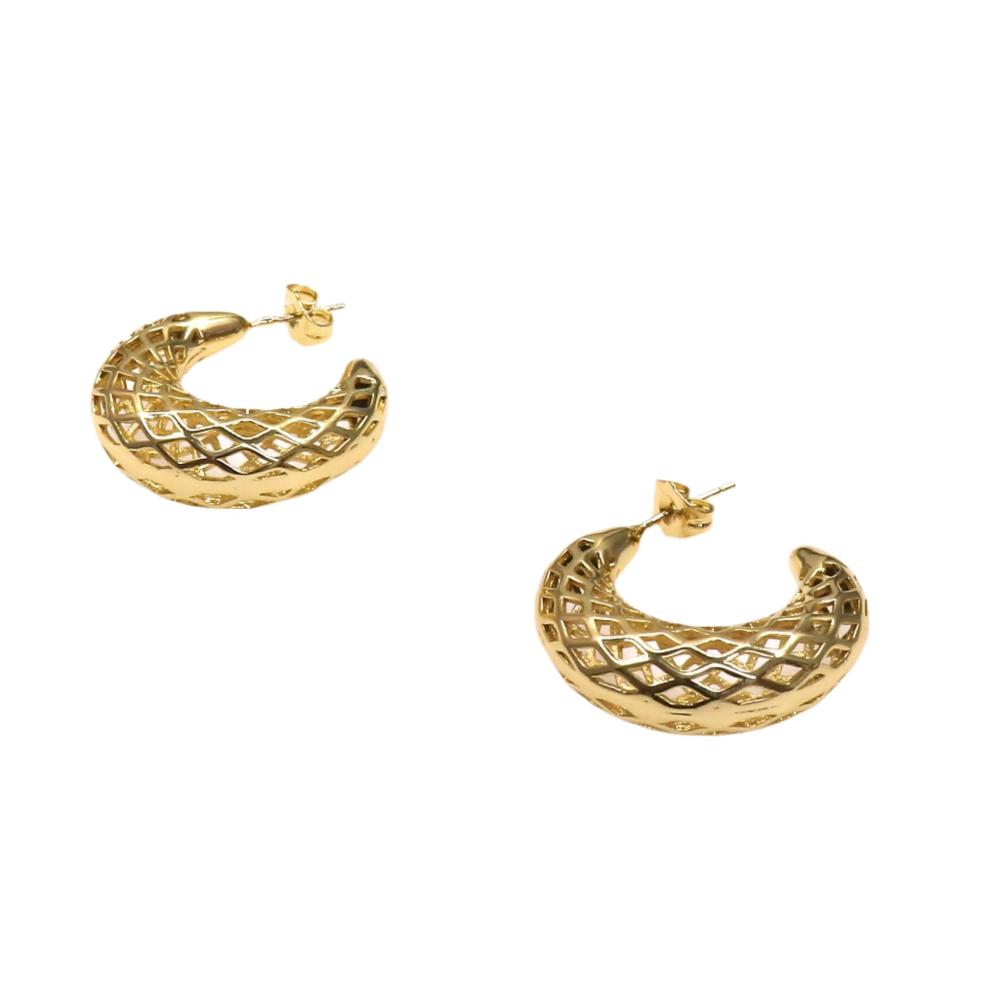 Pair of hollow gold earrings with intricate lattice design and lightweight curved shape