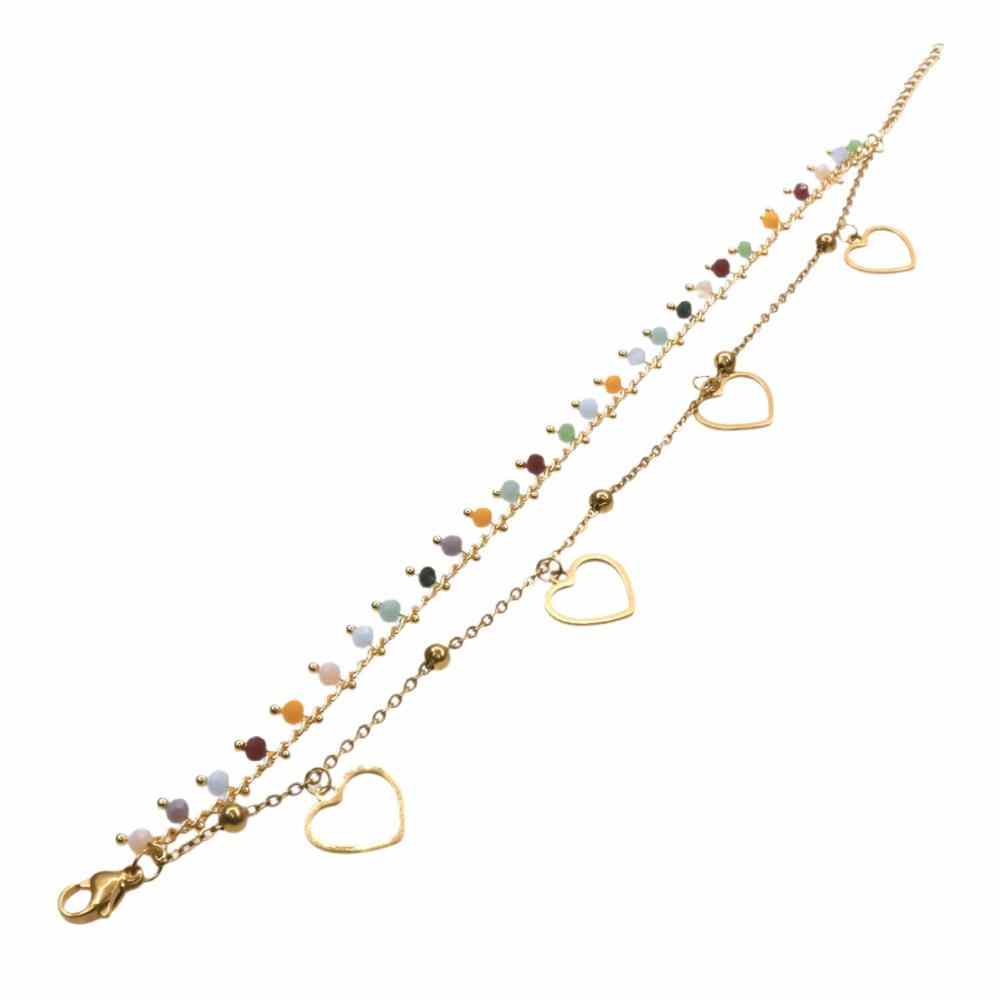 Gold chain bracelet with colorful rainbow heart charms and dangling gold heart pendants.