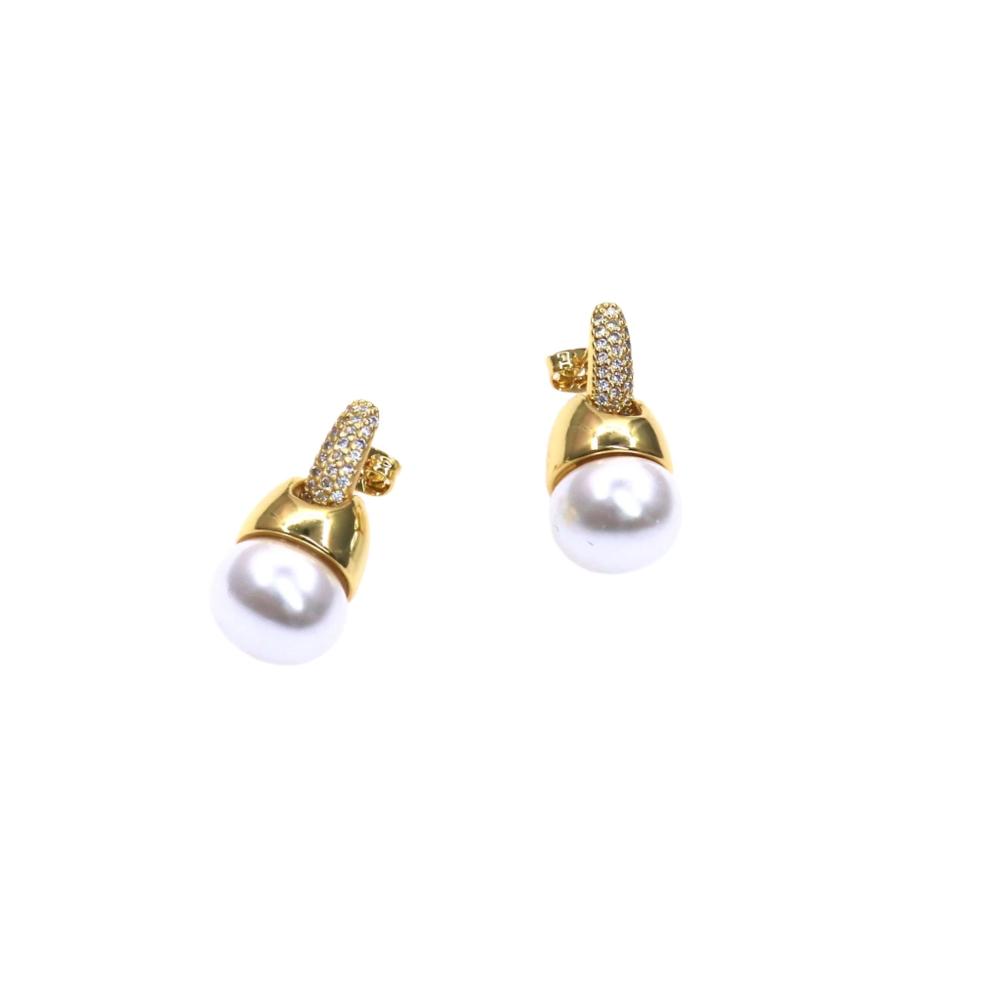 Gold and silver zirconia earrings with lustrous white pearls, Shine Zirconia Pearl Earring.