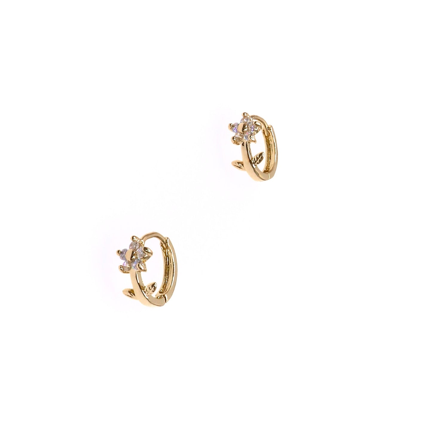 Gold Rose Huggie earrings with floral design and small gemstones
