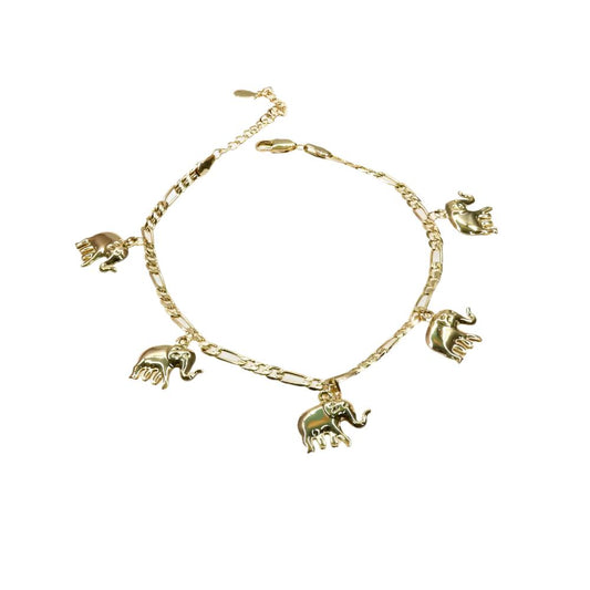 Gold anklet bracelet with elephant charms symbolizing strength and good luck