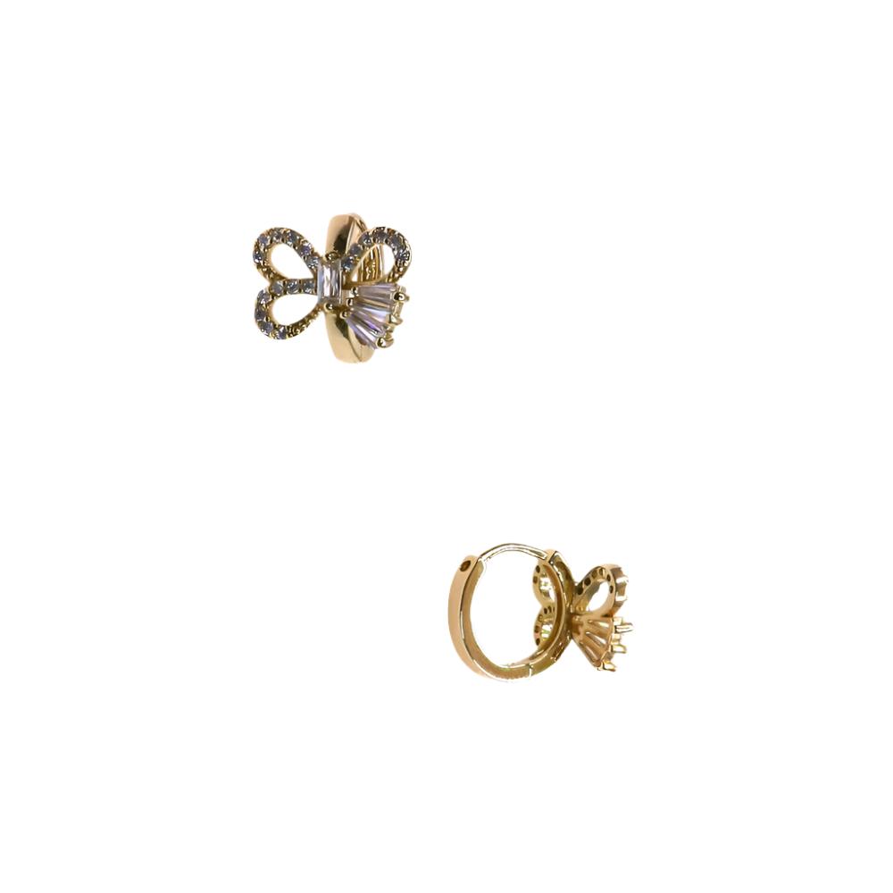 Gold Shine Ribbon Huggie earrings with intricate ribbon design and embedded stones for elegant style