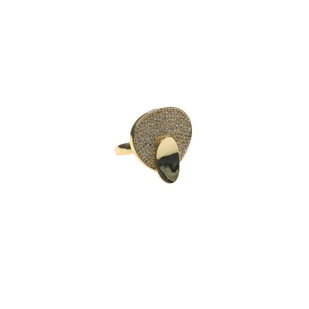 Adjustable modern gold ring with an oval design encrusted with miniature crystals