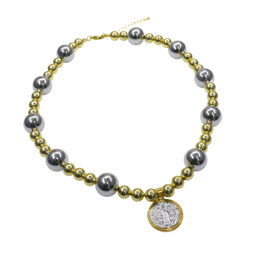 SAN BENITO MEDAL chain necklace with alternating gold and silver beads and a round pendant