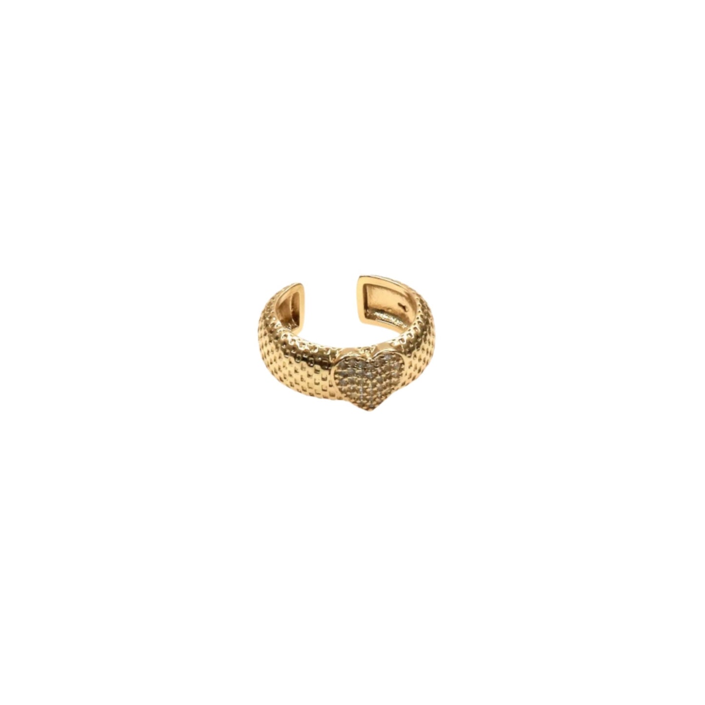 Gold pave heart open ring with textured band and sparkling stones