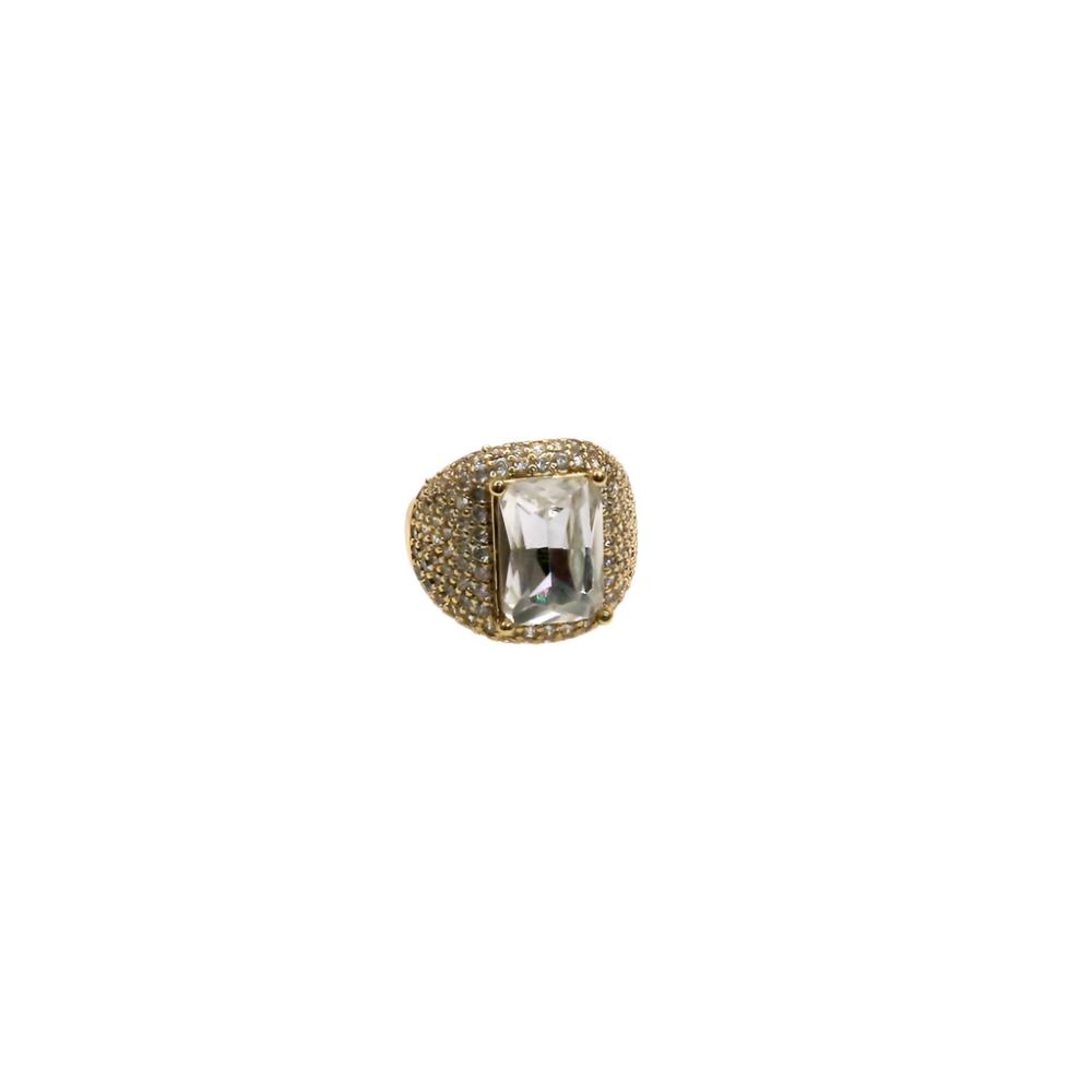 Gold ring with a large clear square stone and pavé set diamonds surrounding the band