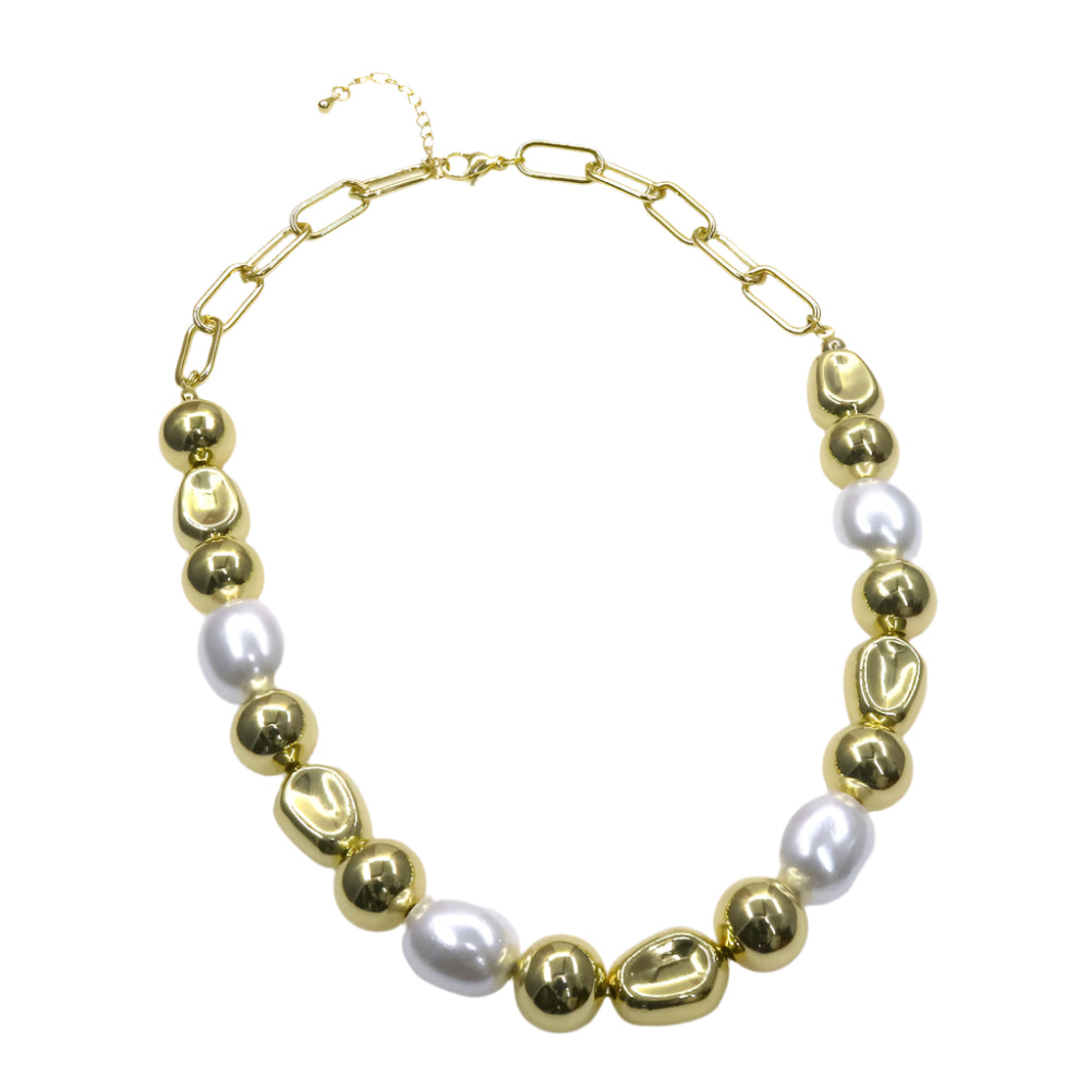 Gold and white pearl chain necklace with abstract gold beads and link chain clasp