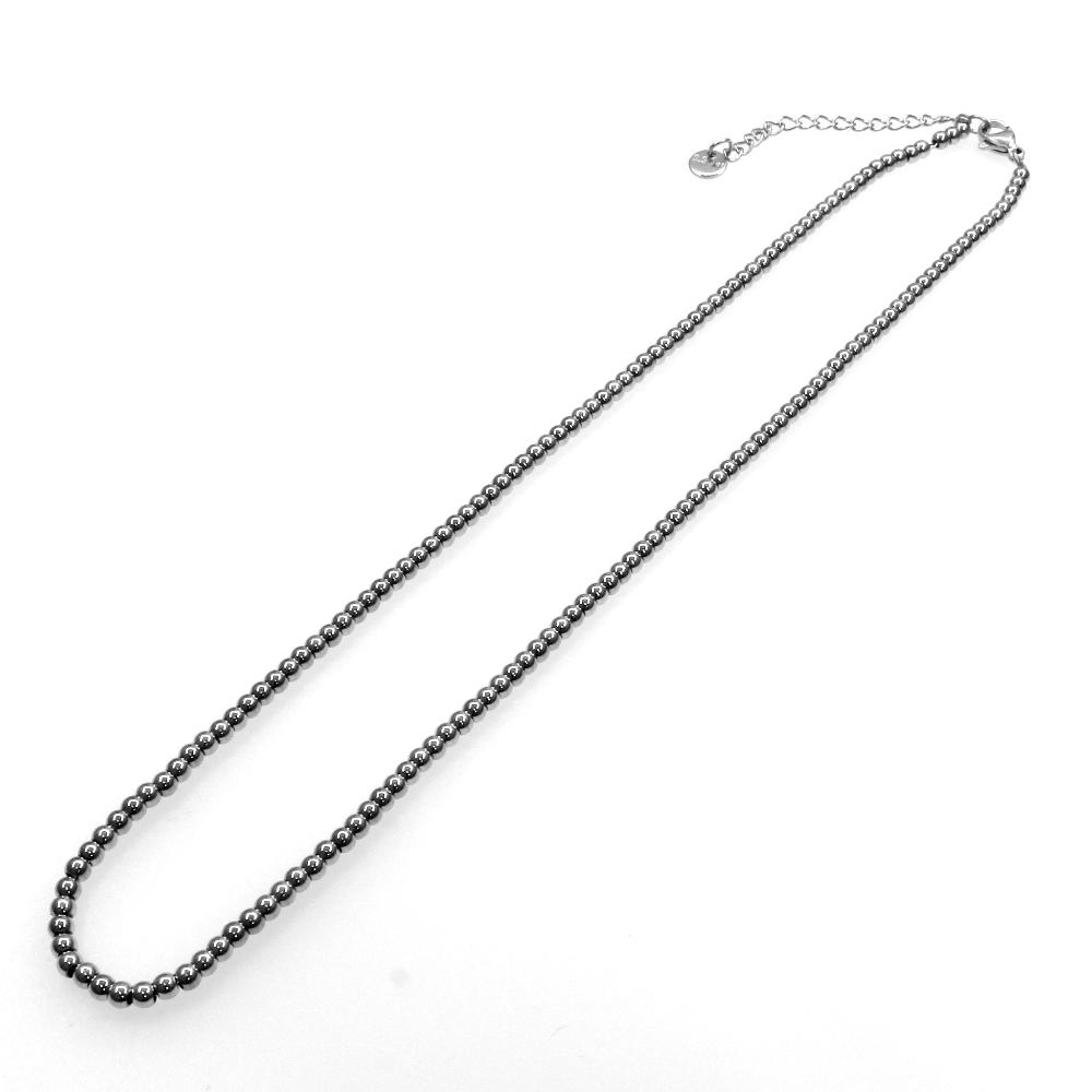 Beads steel chain necklace with polished round beads and adjustable clasp in silver tone