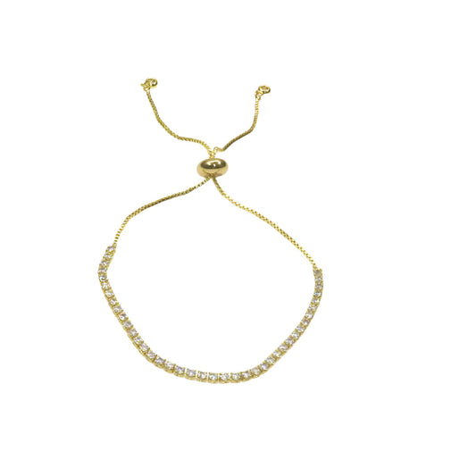 Elegant gold tinny tennis slider bracelet with sparkling stones and adjustable chain