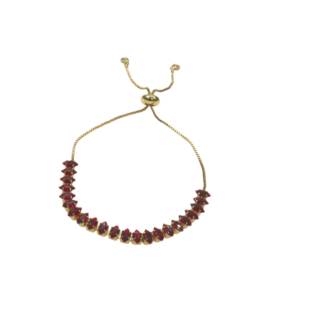 Gold slider bracelet with red zirconia stones and adjustable chain clasp