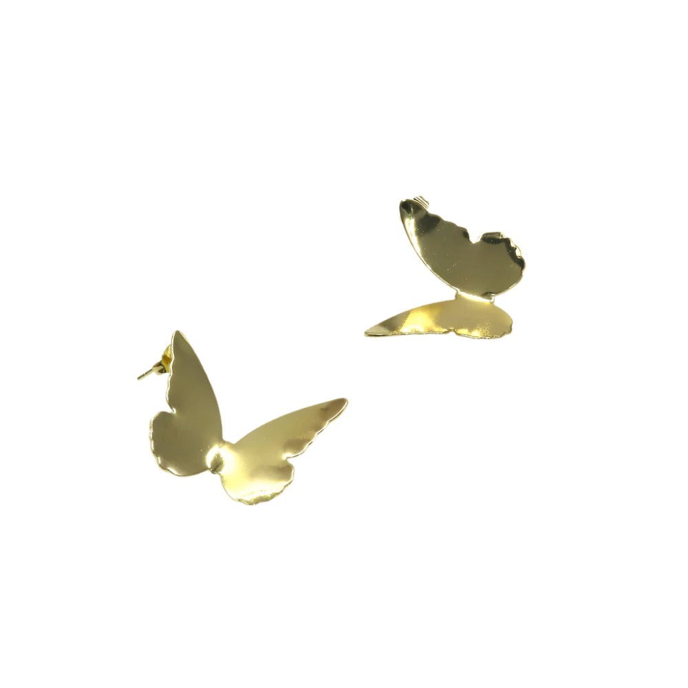 Pair of gold stainless steel butterfly-shaped earrings on white background