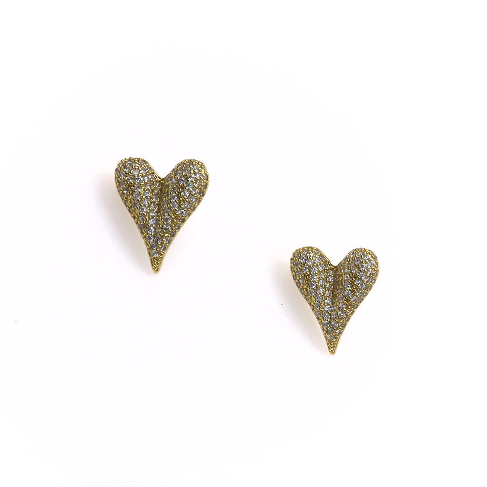 Pair of heart-shaped full pave love earrings with sparkling crystal detailing on a white background