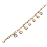 Gold filled Trebol 3 Colores bracelet with yellow, rose, and white gold charms on a gold chain