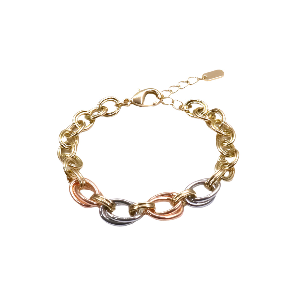 Gold, rose gold, and silver chain bracelet on a white background