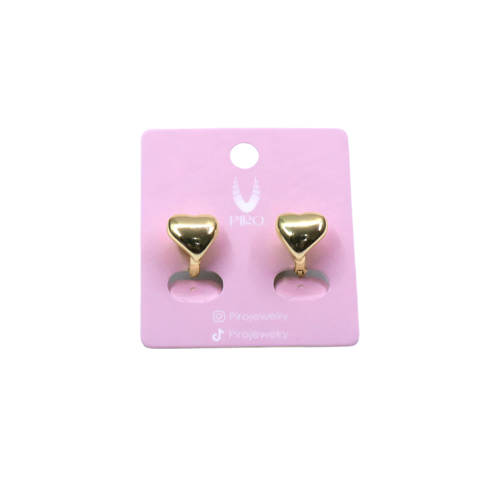 Gold-filled heart-shaped LOVE HUGGIE earrings on pink card display