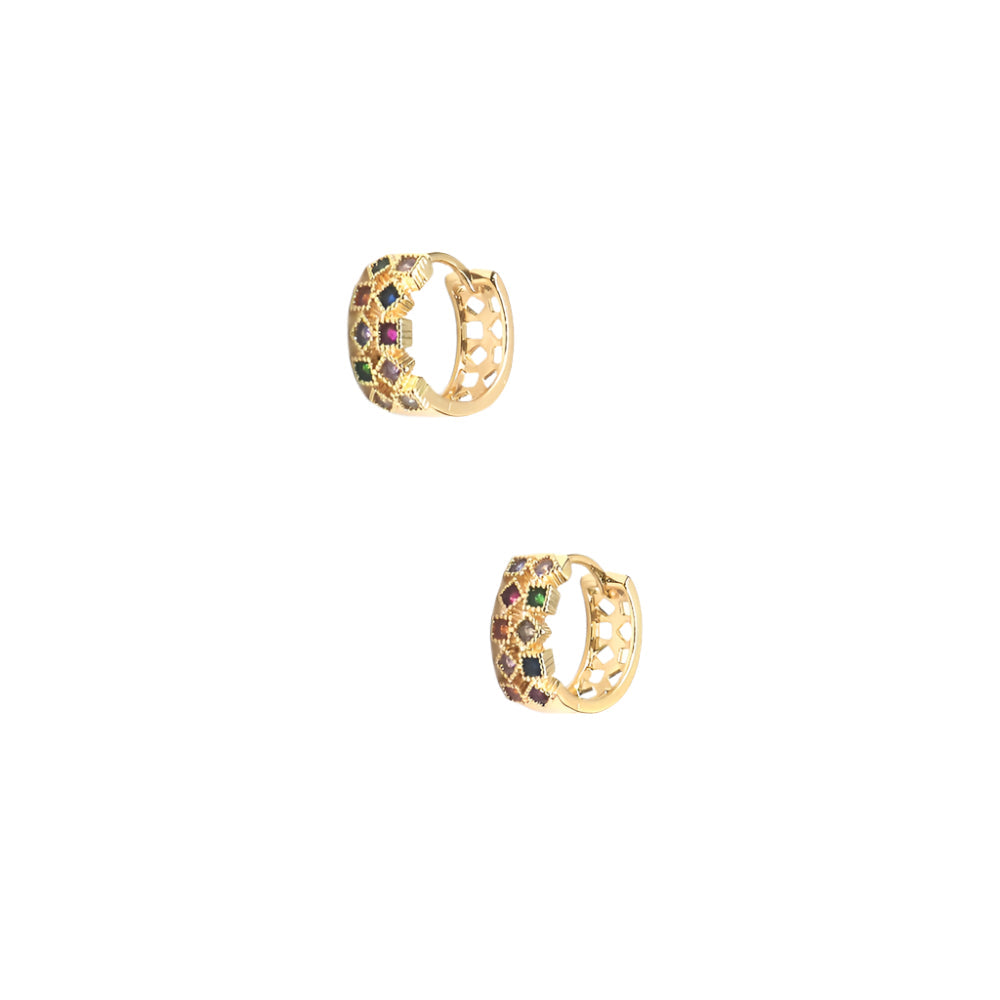 Gold-filled Huggie Rainbow earrings with multicolored gemstones in a rainbow pattern.