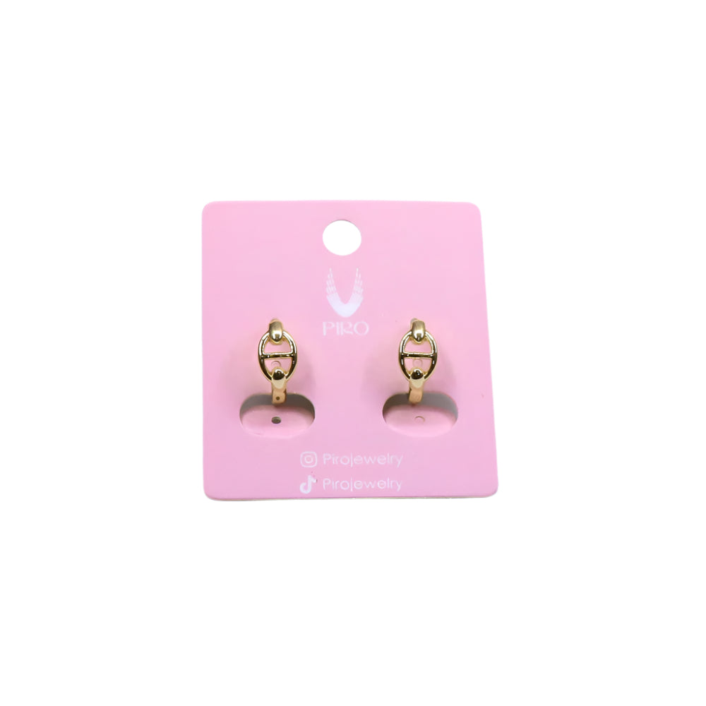 Gold-filled GG Huggie earrings with iconic GG logo on pink display card